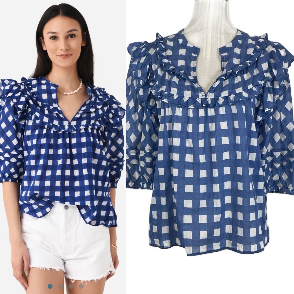 Cleobella Painterly Blue White Gingham Millie Blouse Size Large